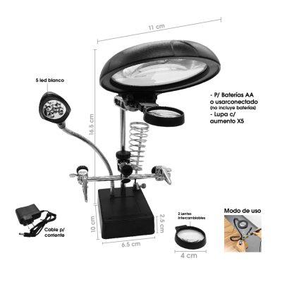 PEDESTAL 3 LUPAS 2 PINZAS PORTA CAUTIN C/LAMPARA LED 110X150MM 16129-C